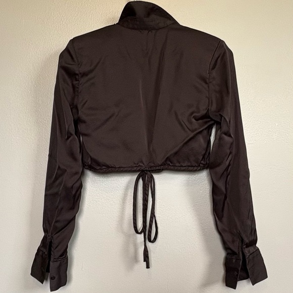 Zara Black Silk Collar Crop Blouse With Shoulder Pads Size 5 - Picture 2 of 8